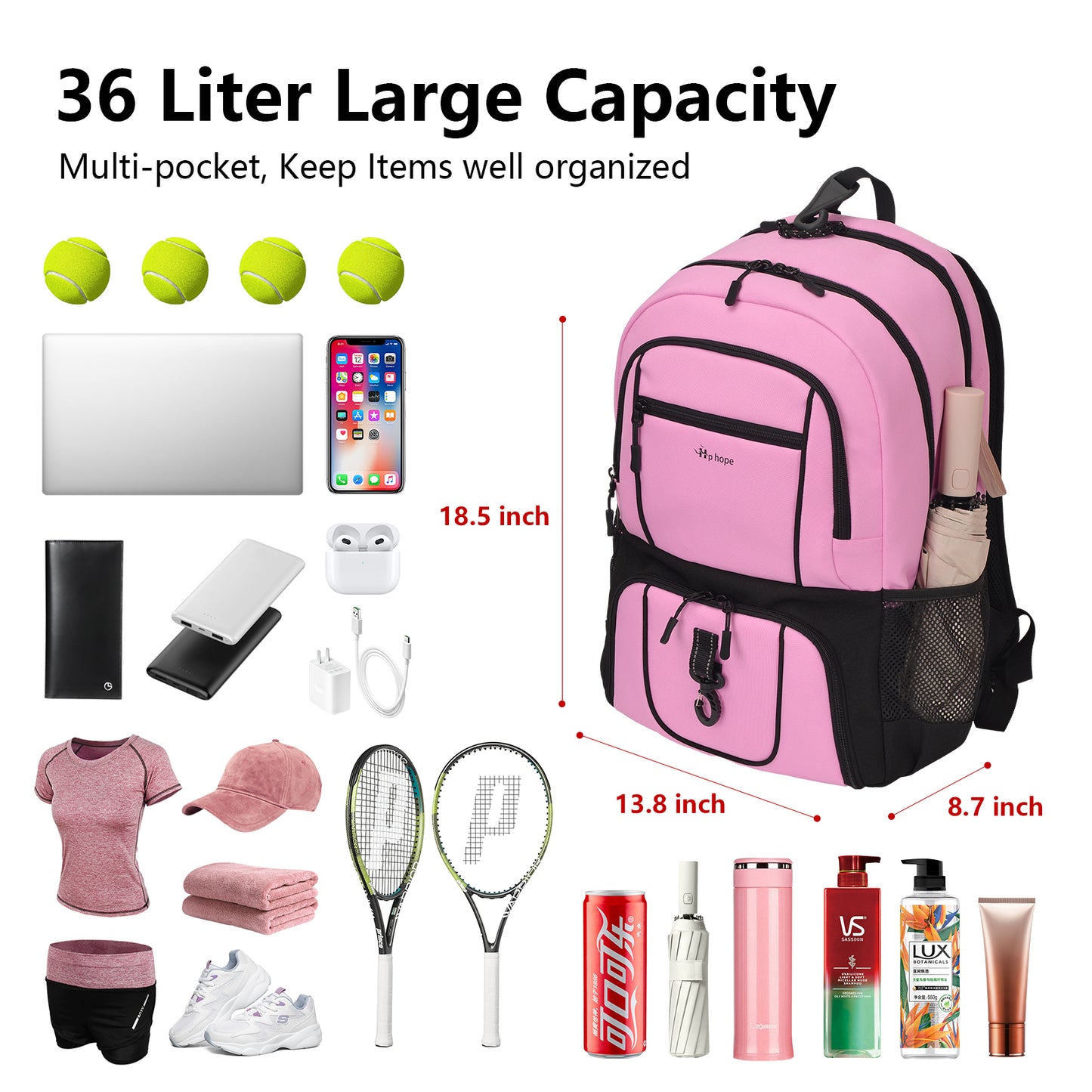 Hp hope Tennis Backpack for Women, Tennis Bag 2 Rackets with Insulated Pocket, Pickleball Backpack with Shoe Compartment, Pink