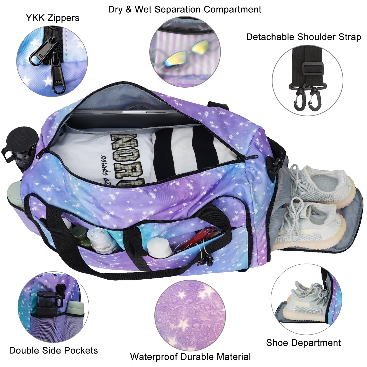 Hp hope Gym Bag for Women, Weekender Bag 34L Carry on Bag for Women, Overnight Bag with Wet Pocket and Shoes Compartment for Women, Travel, Gym, Yoga (Purple)