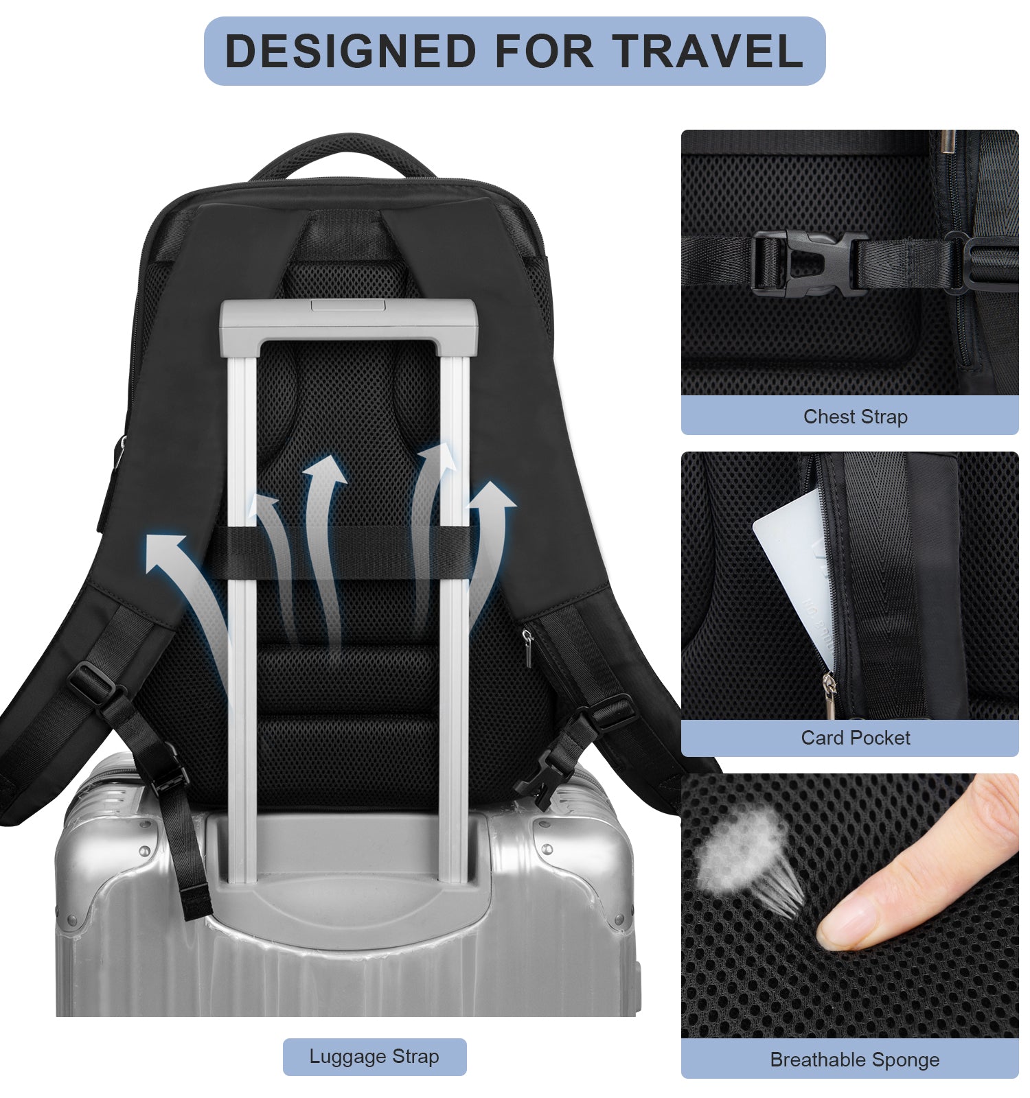 Travel backpack with online luggage strap